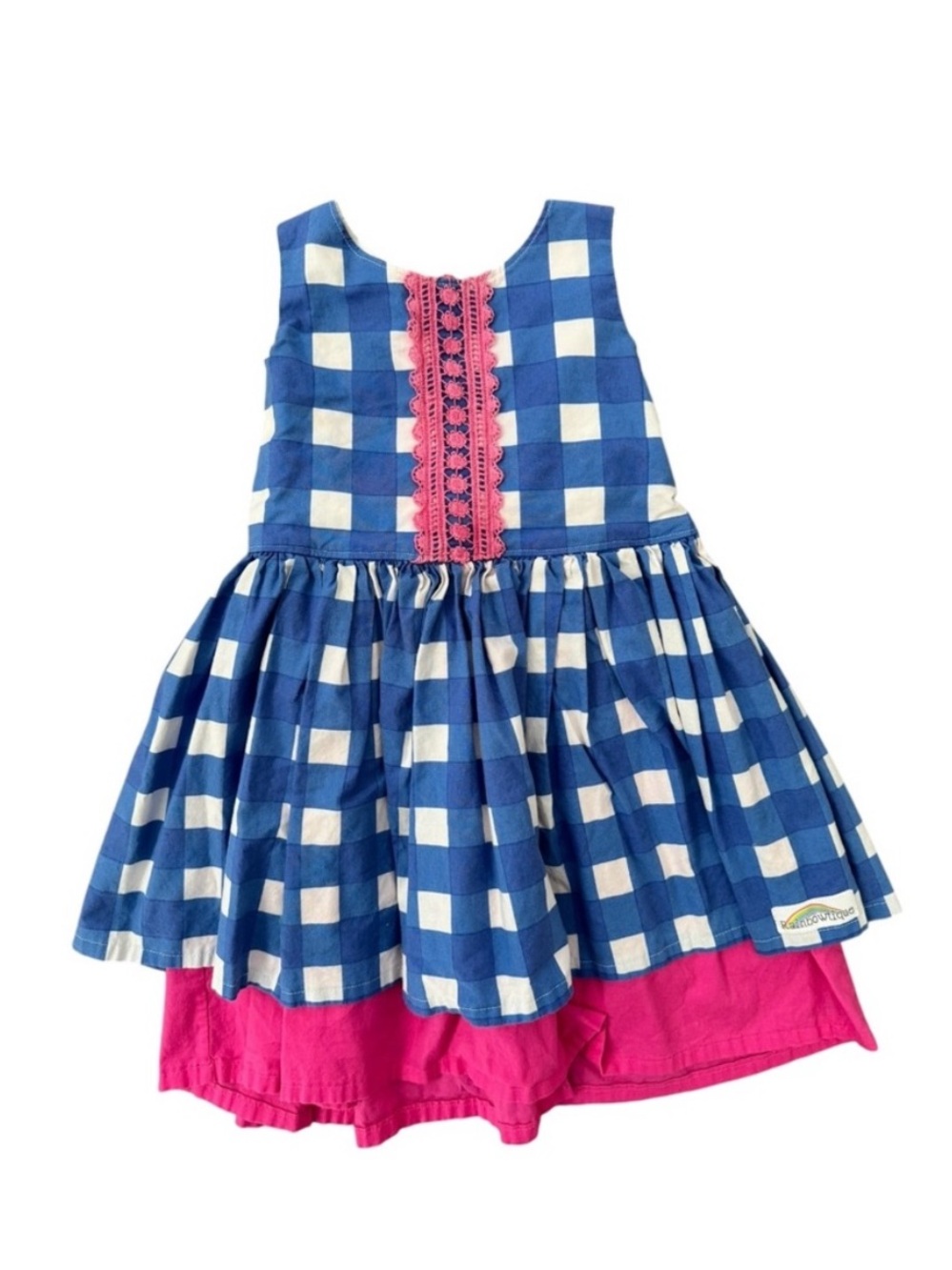 Blue & White Gingham Dress with Pink Trim over the rainbowtique 4T